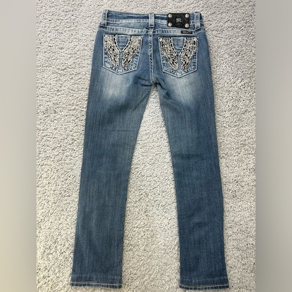 Miss Me Jeans Womens 26 Straight Leg Style JE5388TR Light Wash Low Rise Wings - Picture 4 of 4